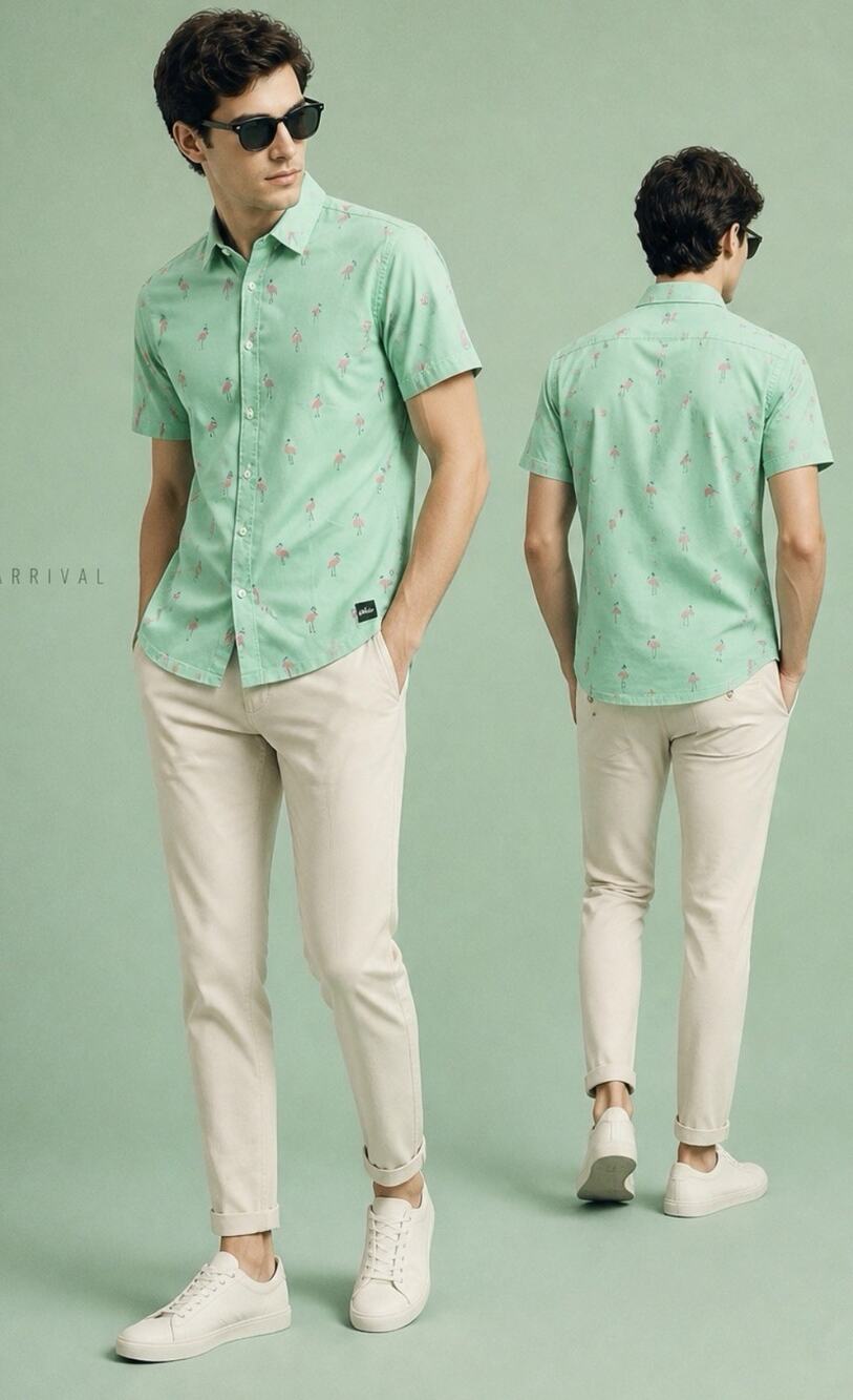 Vintage Hollister Flamingo Epic Flex Stretch Short Sleeve Shirt Green Men Size S